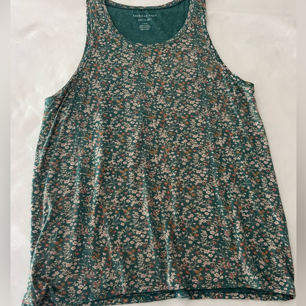 American Eagle Outfitters Teal Floral Scoop Neck Tank
